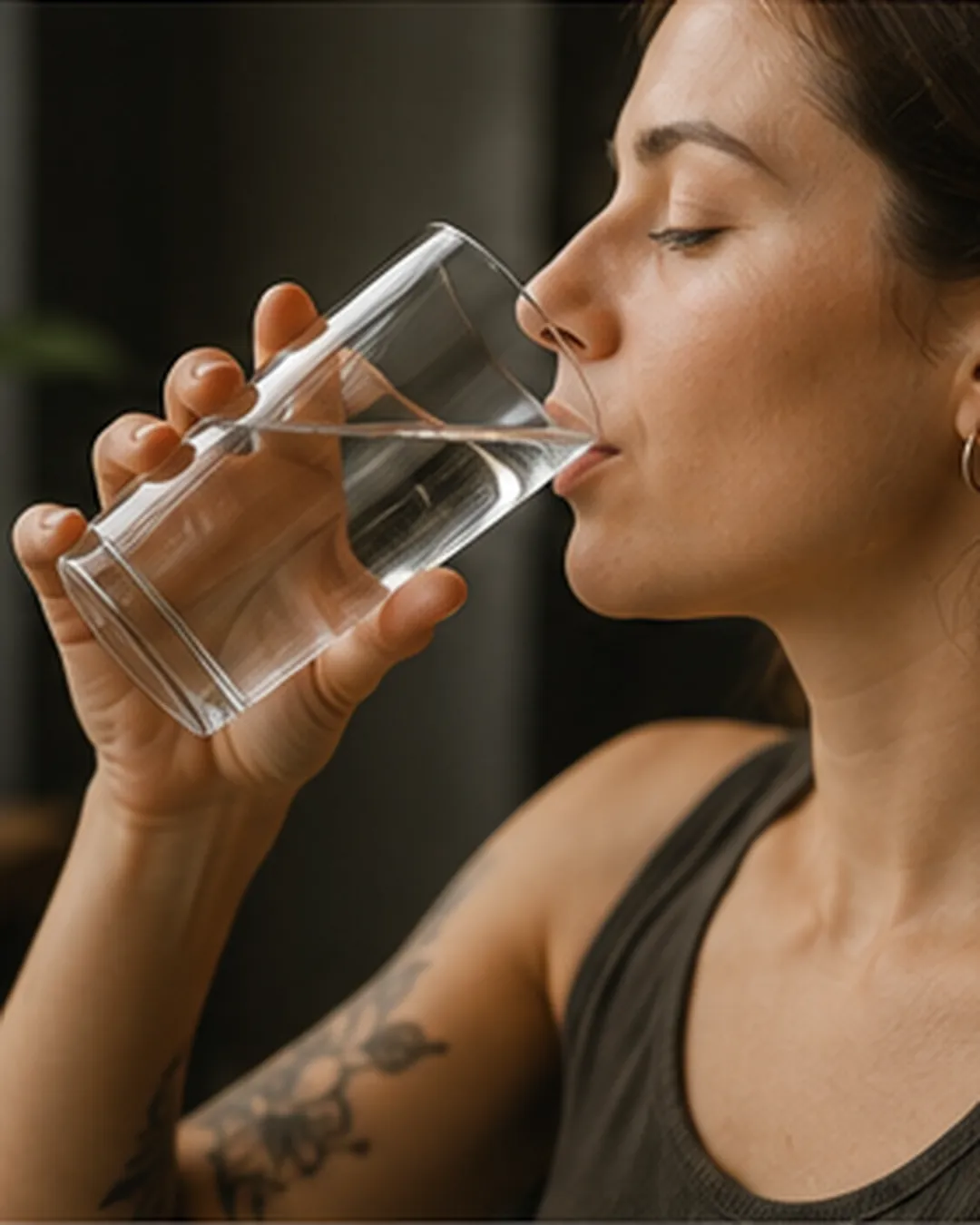 Frau trinkt ein Glas Wasser.