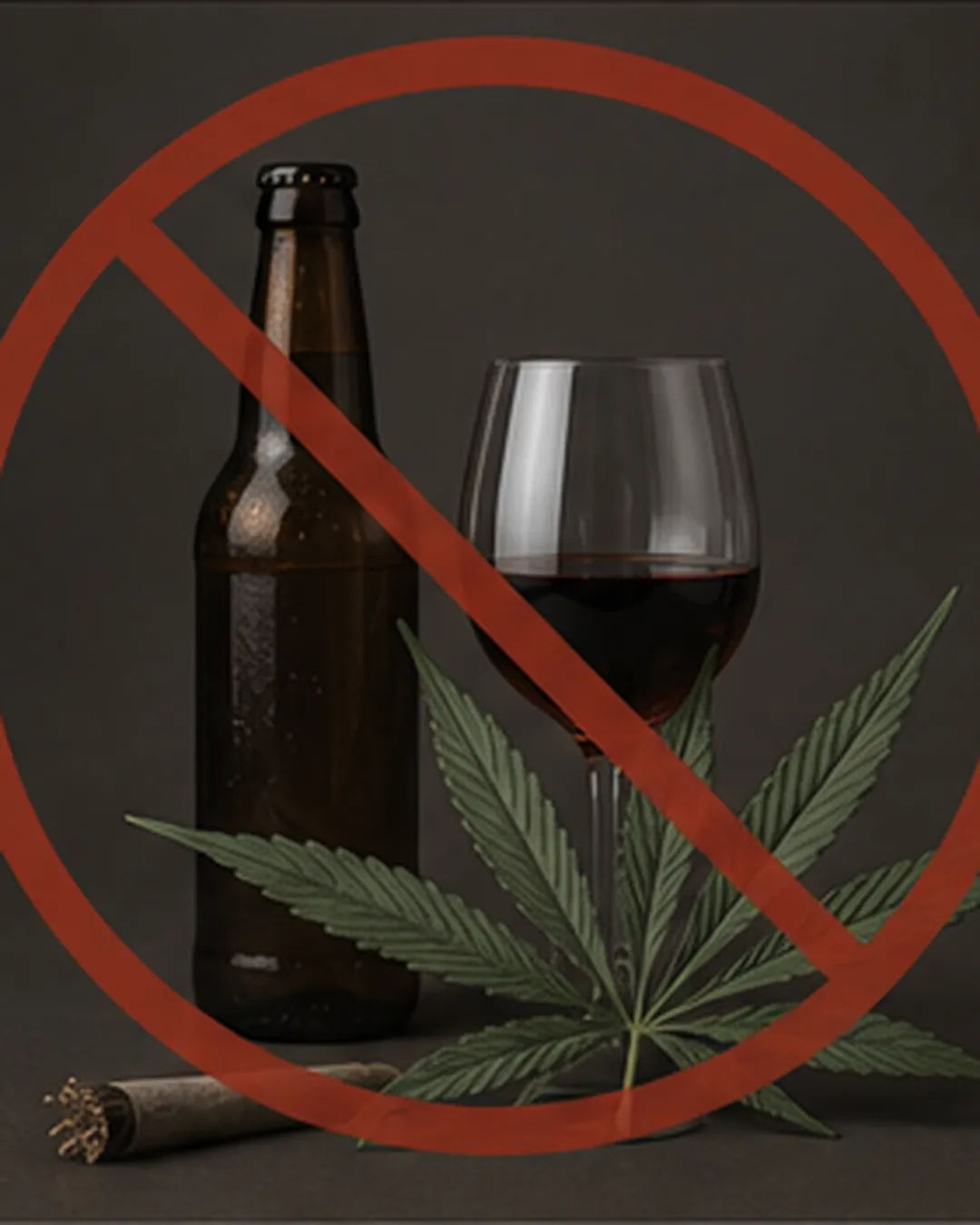 Bierflasche, Rotweinglas und Hanfblatt, durchgestrichen mit einem roten Verbotszeichen.