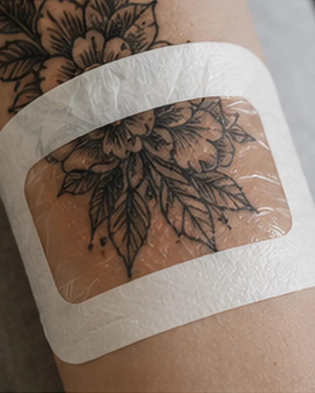 Tätowierter Arm mit aufgeklebtem, durchsichtigem Schutzverband.