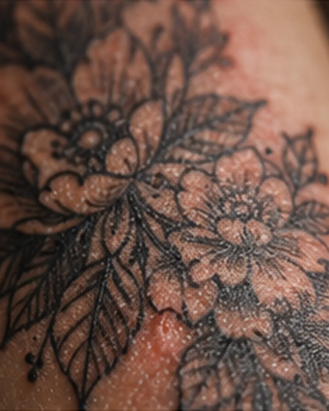 Frisch tätowierte Haut mit floralem Motiv und leichter Rötung um die Linien.